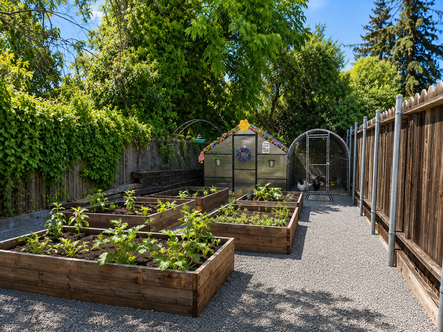 Our backyard garden with raised beds, a greenhouse and a chicken coop