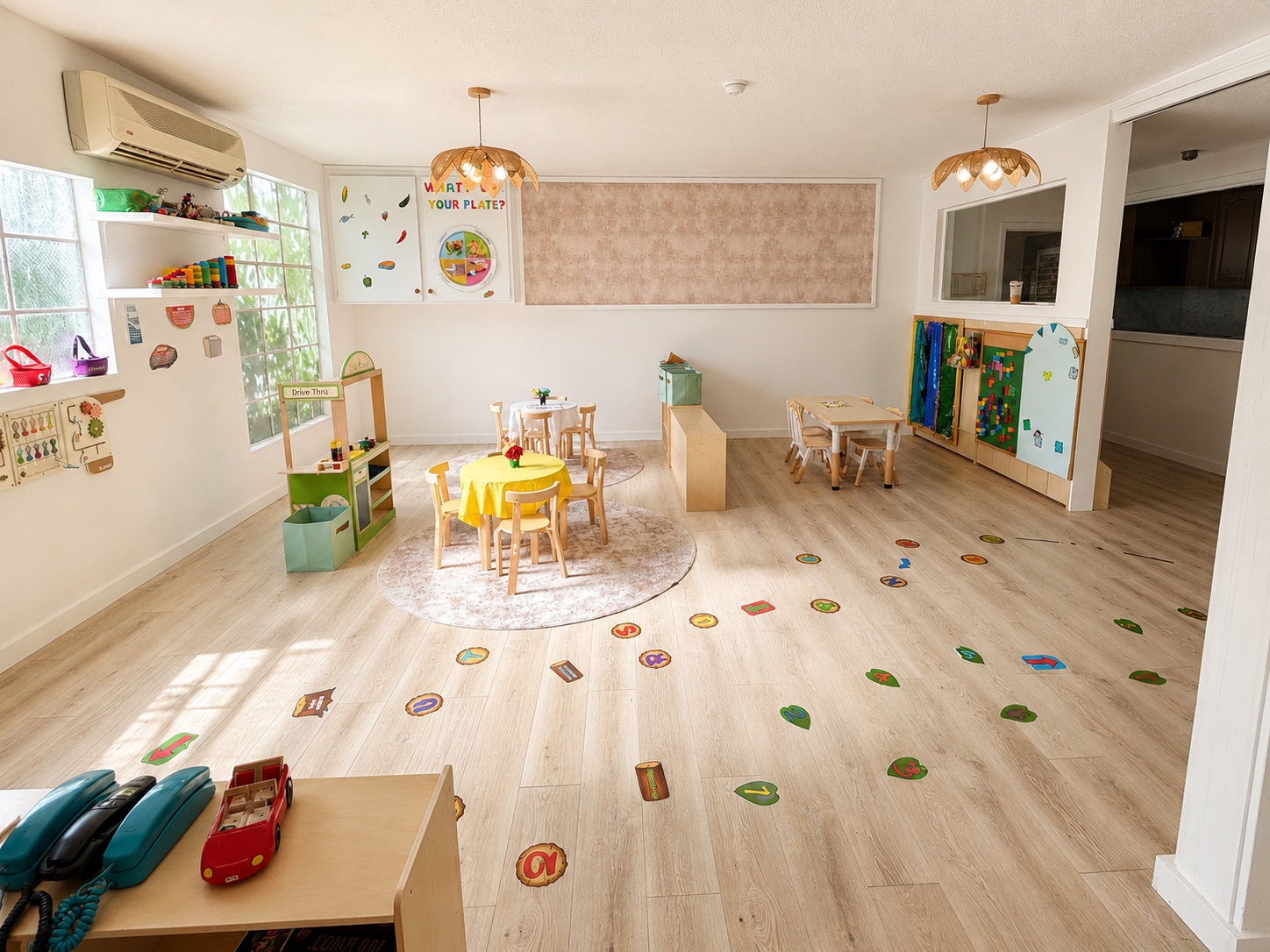 Pretend-play area with a play kitchen, drive-thru stand and toddler tables